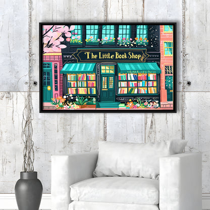 Bookshop Illustration Art Print The Little Book Shop Book Lovers, Framed Canvas Print Wall Art, Floating Frame