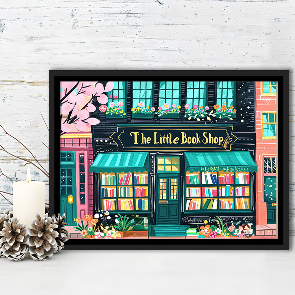 Bookshop Illustration Art Print The Little Book Shop Book Lovers, Framed Canvas Print Wall Art, Floating Frame