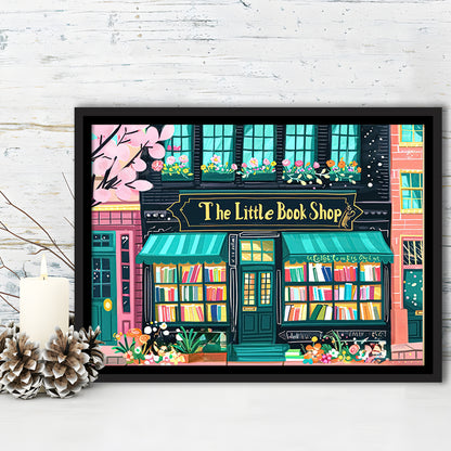 Bookshop Illustration Art Print The Little Book Shop Book Lovers, Framed Canvas Print Wall Art, Floating Frame