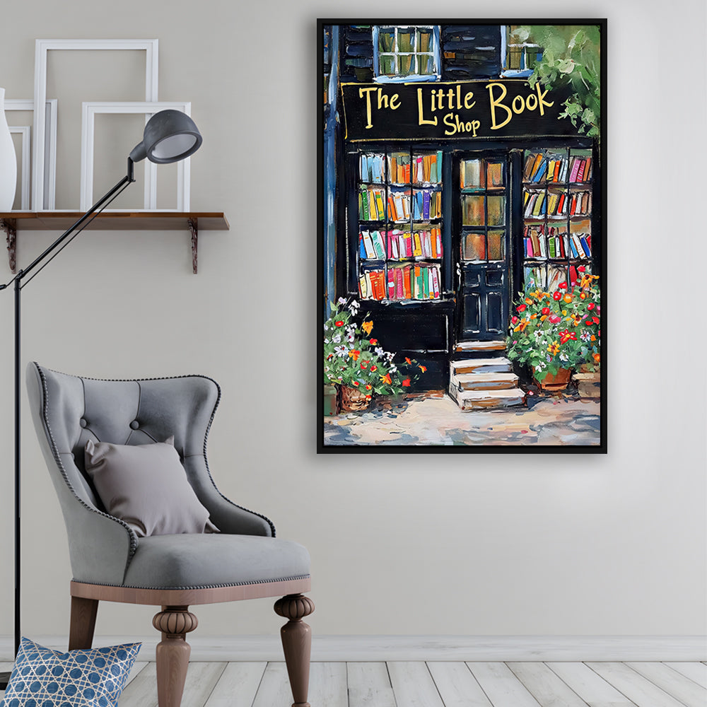 Bookstore Painting Art Print The Little Book Shop Book Lovers , Framed Canvas Print Wall Art, Floating Frame