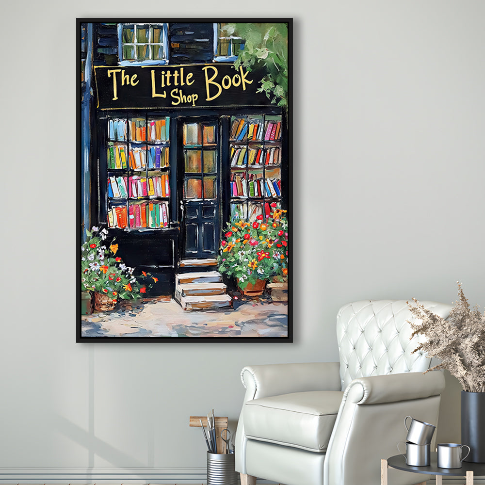 Bookstore Painting Art Print The Little Book Shop Book Lovers , Framed Canvas Print Wall Art, Floating Frame