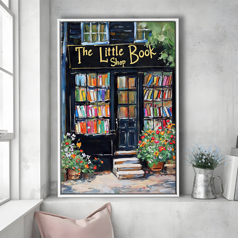 Bookstore Painting Art Print The Little Book Shop Book Lovers , Framed Canvas Print Wall Art, Floating Frame