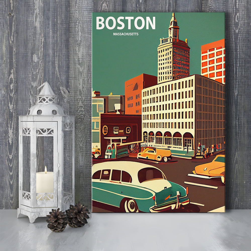 Boston Retro Art Print, Boston City Wall Art, Canvas Print, Painting Canvas, Living Room Decor