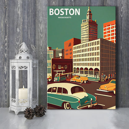 Boston Retro Art Print, Boston City Wall Art, Canvas Print, Painting Canvas, Living Room Decor