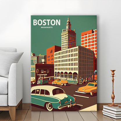 Boston Retro Art Print, Boston City Wall Art, Canvas Print, Painting Canvas, Living Room Decor