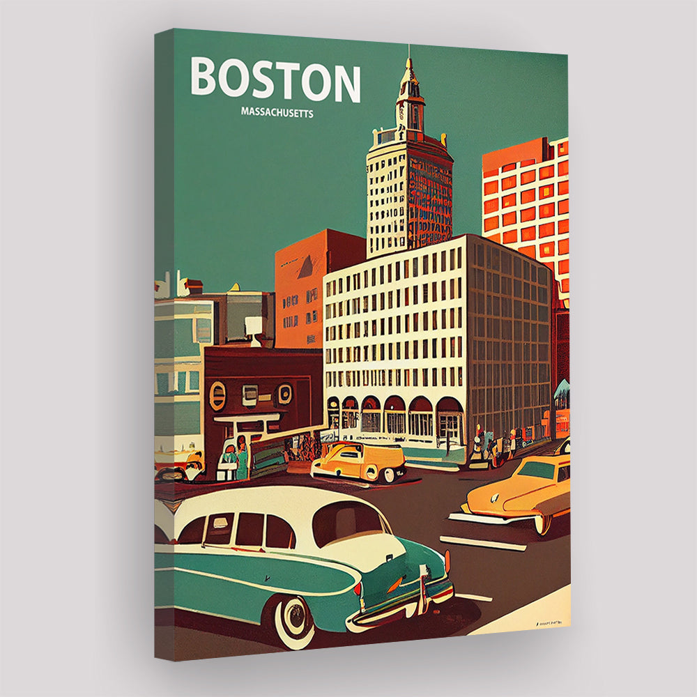 Boston Retro Art Print, Boston City Wall Art, Canvas Print, Painting Canvas, Living Room Decor