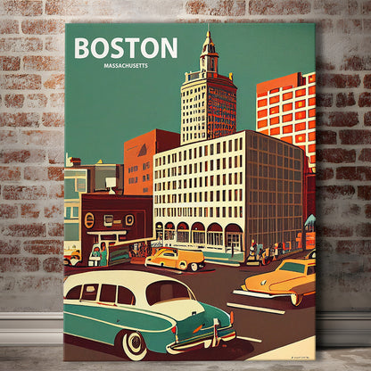 Boston Retro Art Print, Boston City Wall Art, Canvas Print, Painting Canvas, Living Room Decor