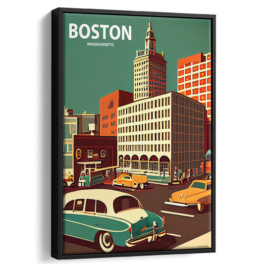 Boston Retro Art Print, Boston City Wall Art, Floating Framed Canvas Print, Framed Picture, Painting Canvas