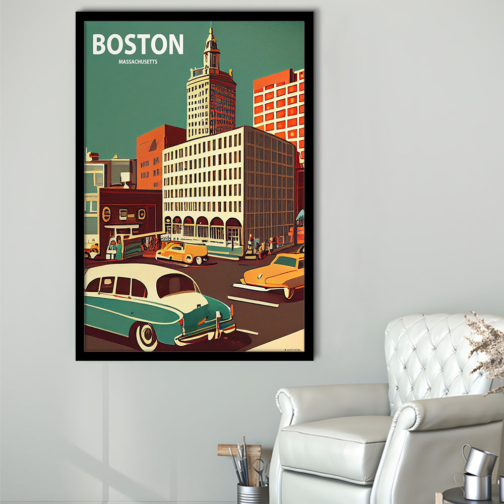 Boston Retro Art Print, Boston City Wall Art, Framed Art Print, Picture Framed, Painting Art