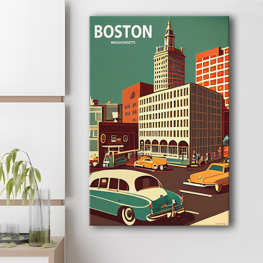 Boston Retro Art Print, Boston City Wall Art, Canvas Print, Painting Canvas, Living Room Decor