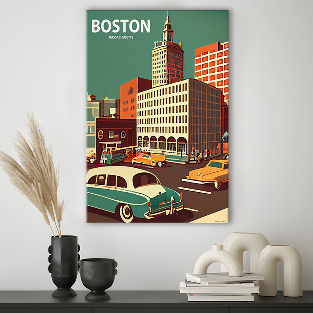 Boston Retro Art Print, Boston City Wall Art, Canvas Print, Painting Canvas, Living Room Decor
