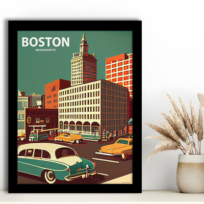 Boston Retro Art Print, Boston City Wall Art, Framed Art Print, Picture Framed, Painting Art