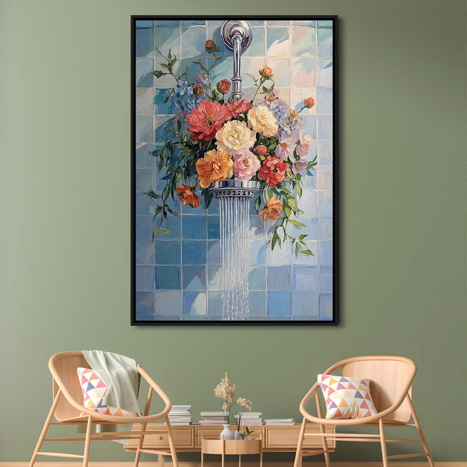 Botanical Bathroom Wall Art Print, Blue Print, Laundry Room Decor, Bathroom Wall Art, Framed Canvas Print, Floating Frame