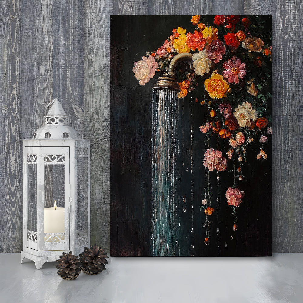 Botanical Bathroom Wall Art Print, Floral Bath Wall Decor, Dark Green Print Laundry Room Decor, Canvas Print, Canvas Decor
