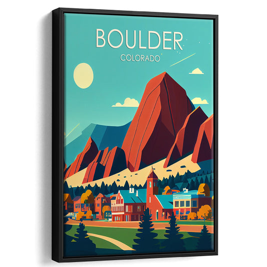 Boulder Colorado Retro Art Print, Boulder City Wall Art, Floating Framed Canvas Print, Framed Picture, Painting Canvas