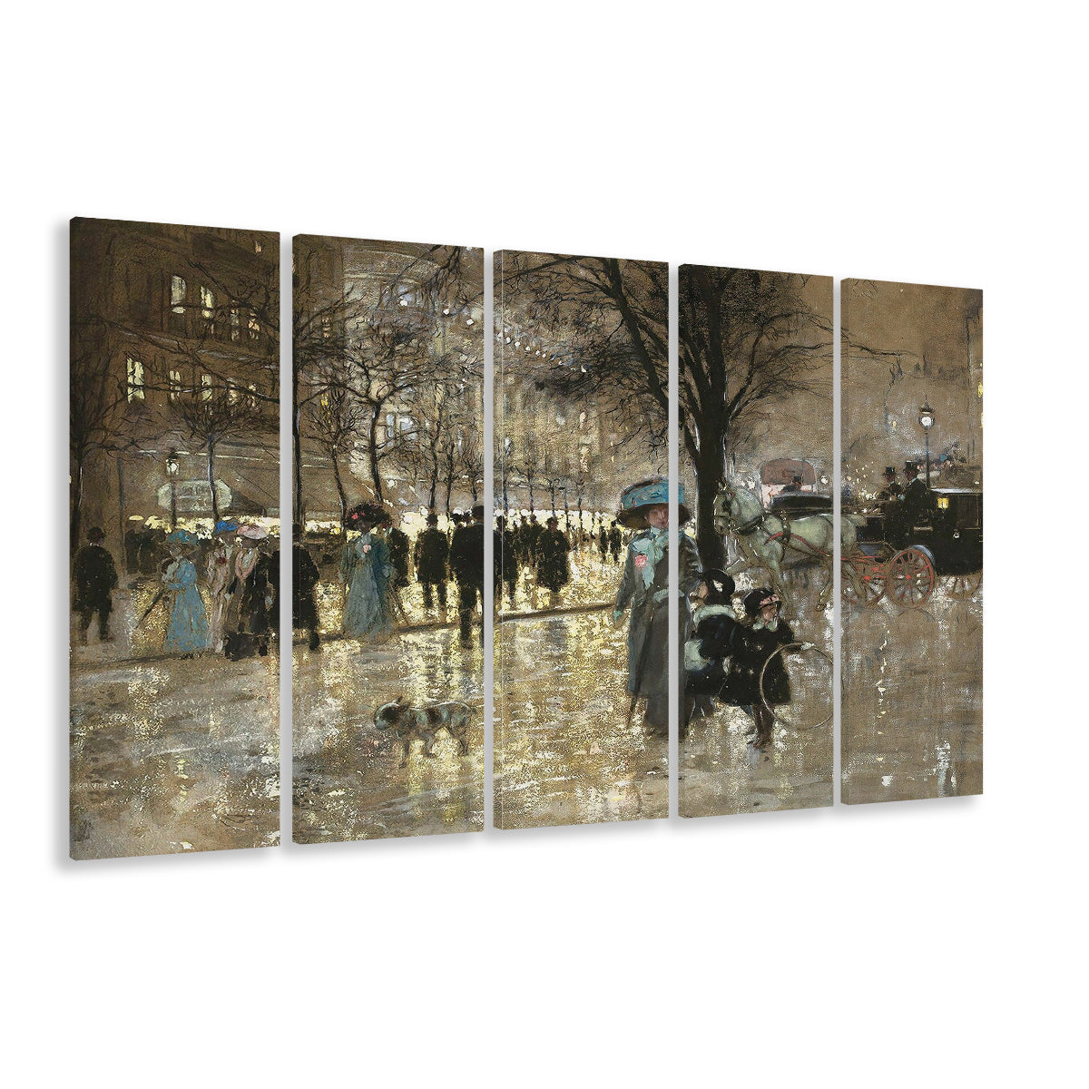 Boulevard In Paris Vintage Art Print Antique Art, 5 Panel B Canvas Print Wall Art, Extra Large Canvas