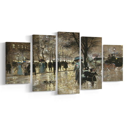 Boulevard In Paris Vintage Art Print Antique Art, 5 Panel Mixed Canvas Print Wall Art, Large Canvas