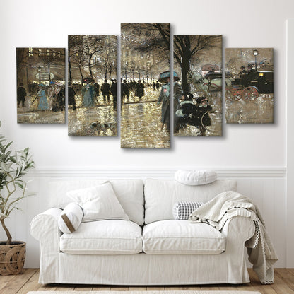 Boulevard In Paris Vintage Art Print Antique Art, 5 Panel Mixed Canvas Print Wall Art, Large Canvas