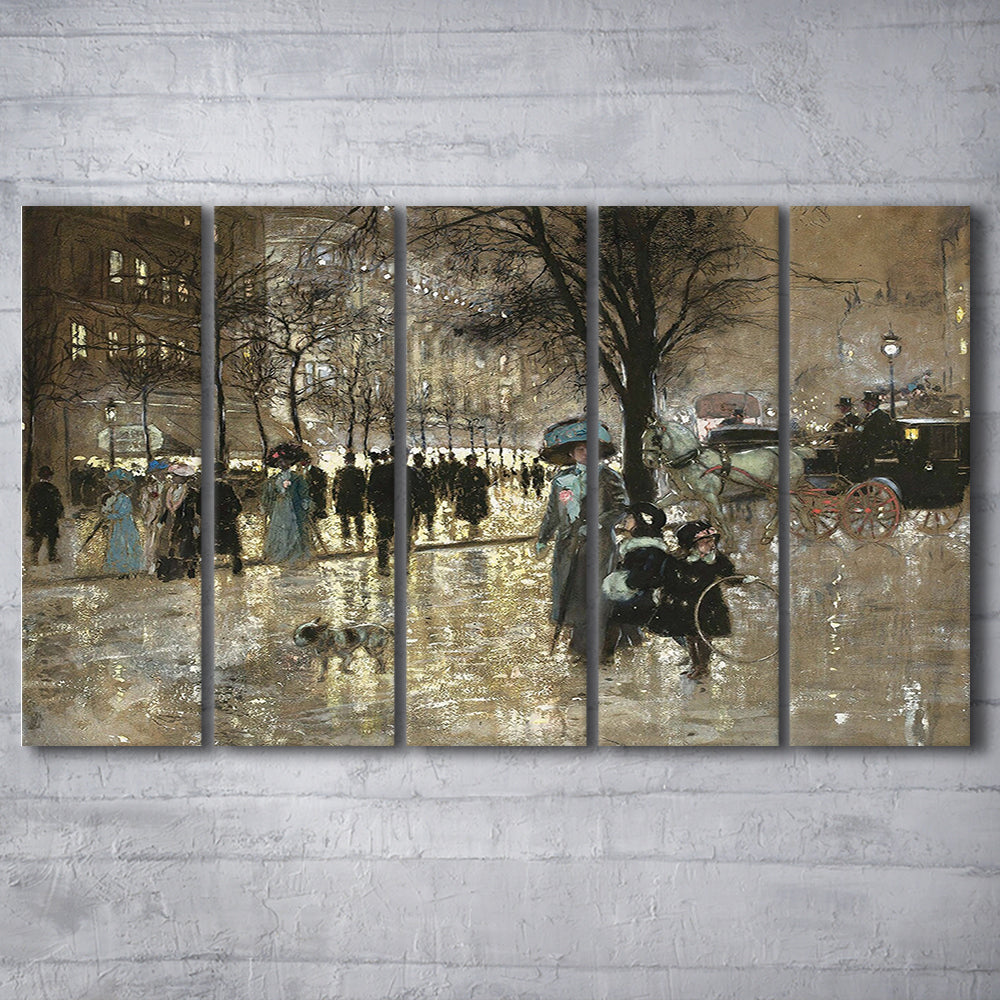 Boulevard In Paris Vintage Art Print Antique Art, 5 Panel B Canvas Print Wall Art, Extra Large Canvas
