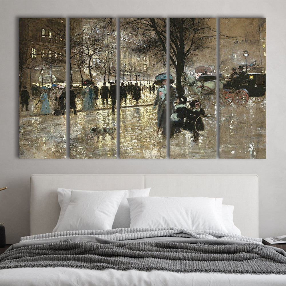 Boulevard In Paris Vintage Art Print Antique Art, 5 Panel B Canvas Print Wall Art, Extra Large Canvas
