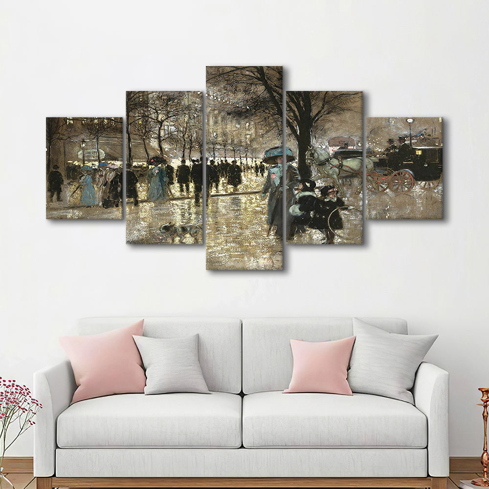 Boulevard In Paris Vintage Art Print Antique Art, 5 Panel Mixed Canvas Print Wall Art, Large Canvas