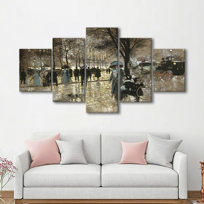 Boulevard In Paris Vintage Art Print Antique Art, 5 Panel Mixed Canvas Print Wall Art, Large Canvas