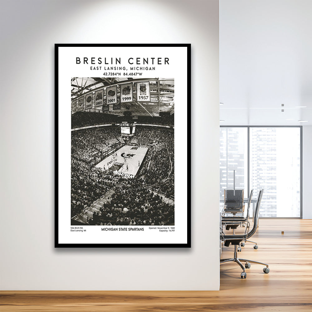 Breslin Center Stadium Black And White, Michigan Basketball Arena Wall Art Print, Framed Art Prints Wall Decor
