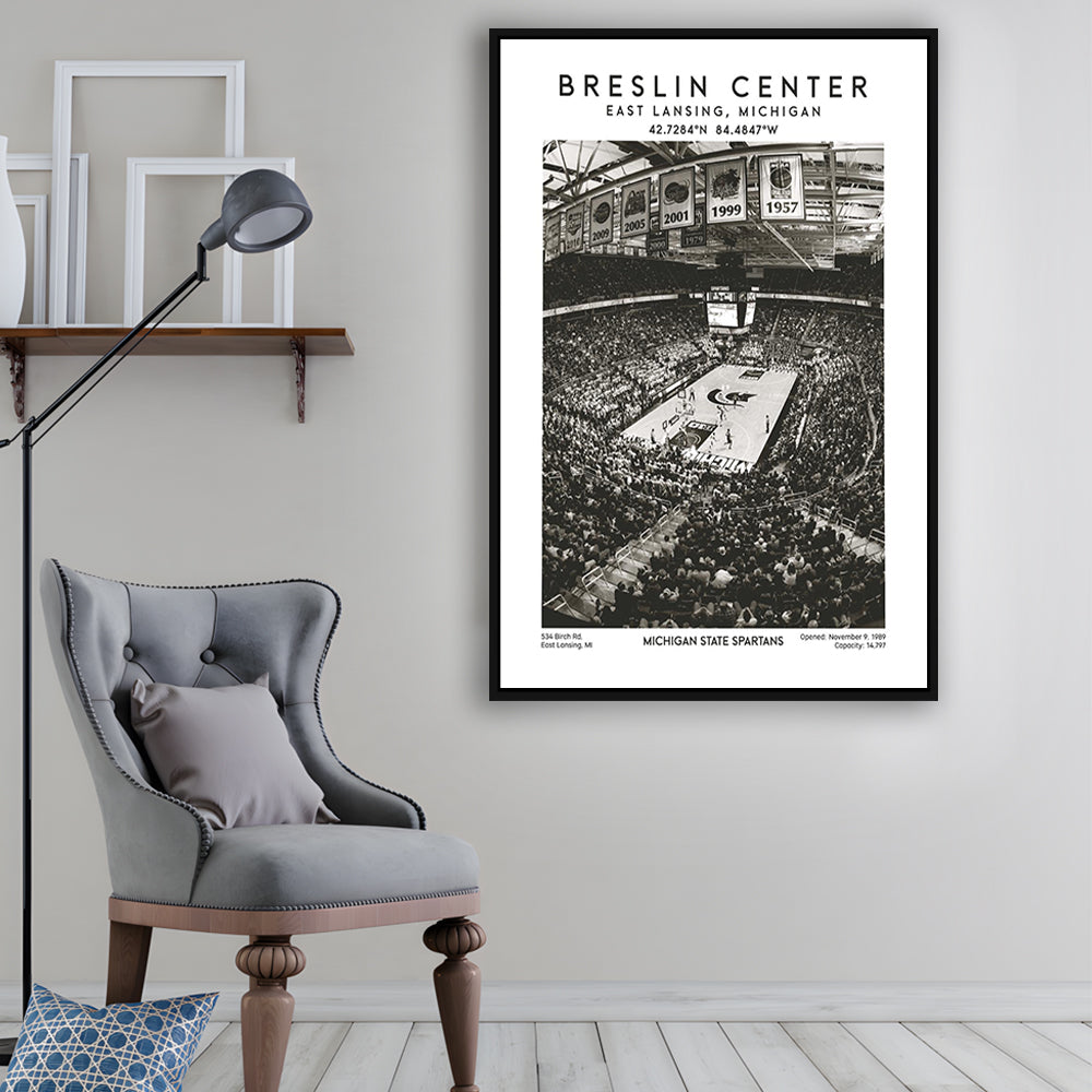 Breslin Center Stadium Black And White, Michigan Basketball Arena Wall Art Print, Framed Canvas Prints Wall Art