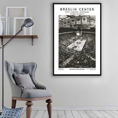 Breslin Center Stadium Black And White, Michigan Basketball Arena Wall Art Print, Framed Canvas Prints Wall Art
