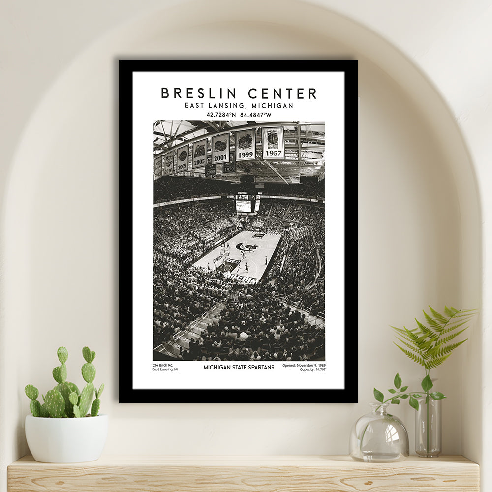 Breslin Center Stadium Black And White, Michigan Basketball Arena Wall Art Print, Framed Art Prints Wall Decor