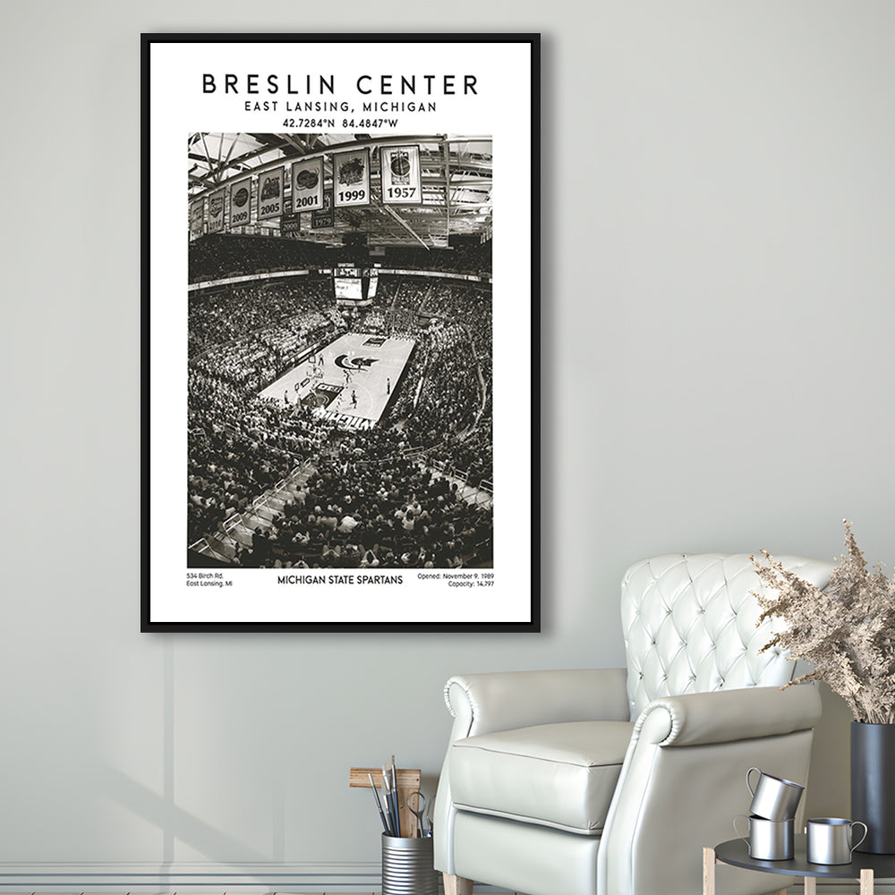 Breslin Center Stadium Black And White, Michigan Basketball Arena Wall Art Print, Framed Canvas Prints Wall Art