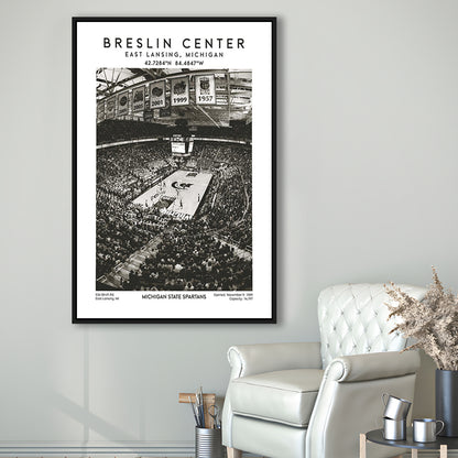 Breslin Center Stadium Black And White, Michigan Basketball Arena Wall Art Print, Framed Canvas Prints Wall Art