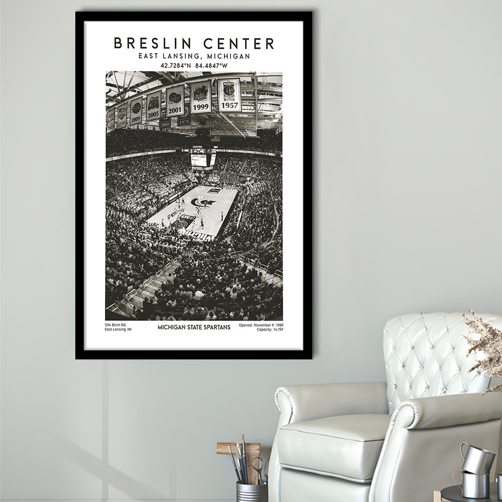 Breslin Center Stadium Black And White, Michigan Basketball Arena Wall Art Print, Framed Art Prints Wall Decor