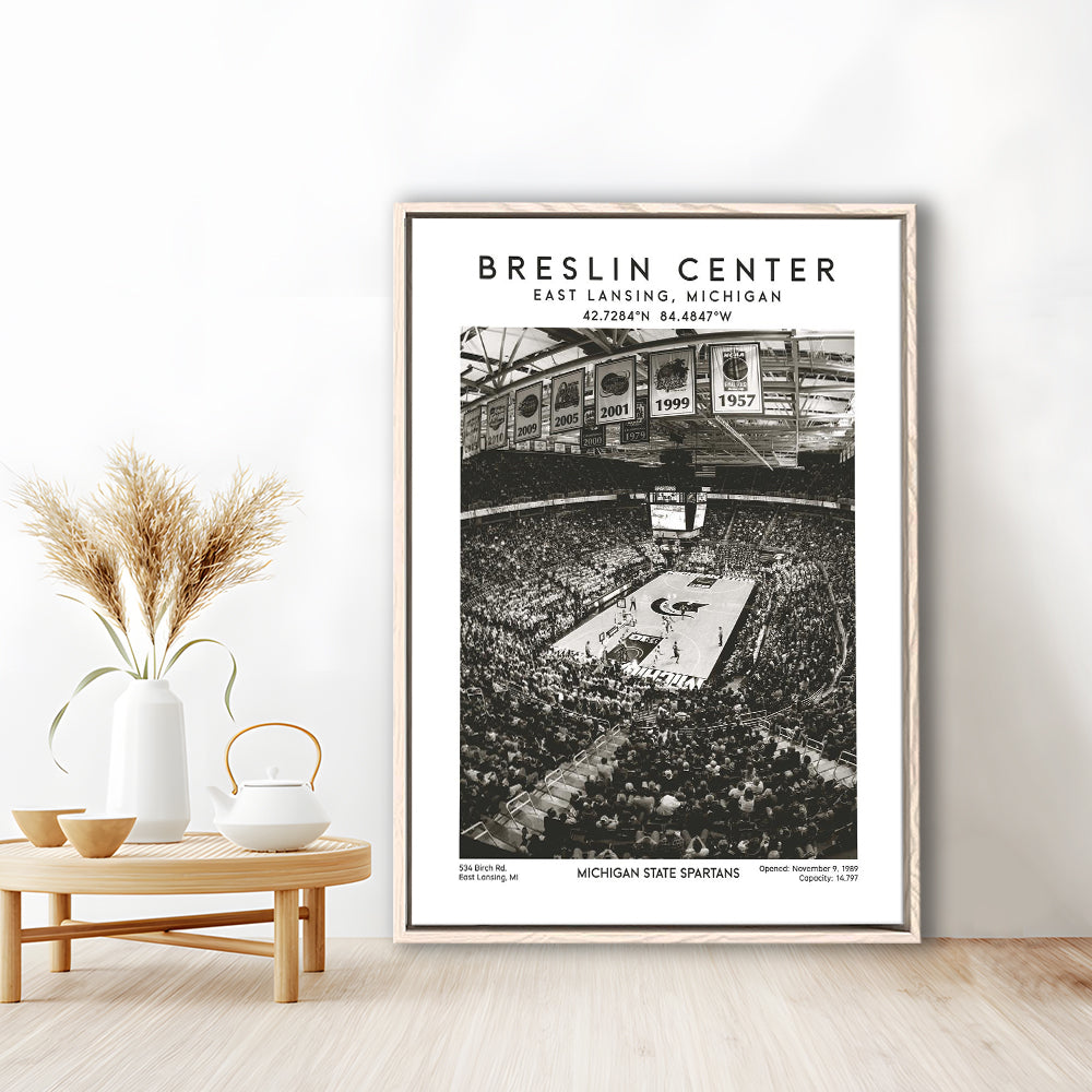 Breslin Center Stadium Black And White, Michigan Basketball Arena Wall Art Print, Framed Canvas Prints Wall Art