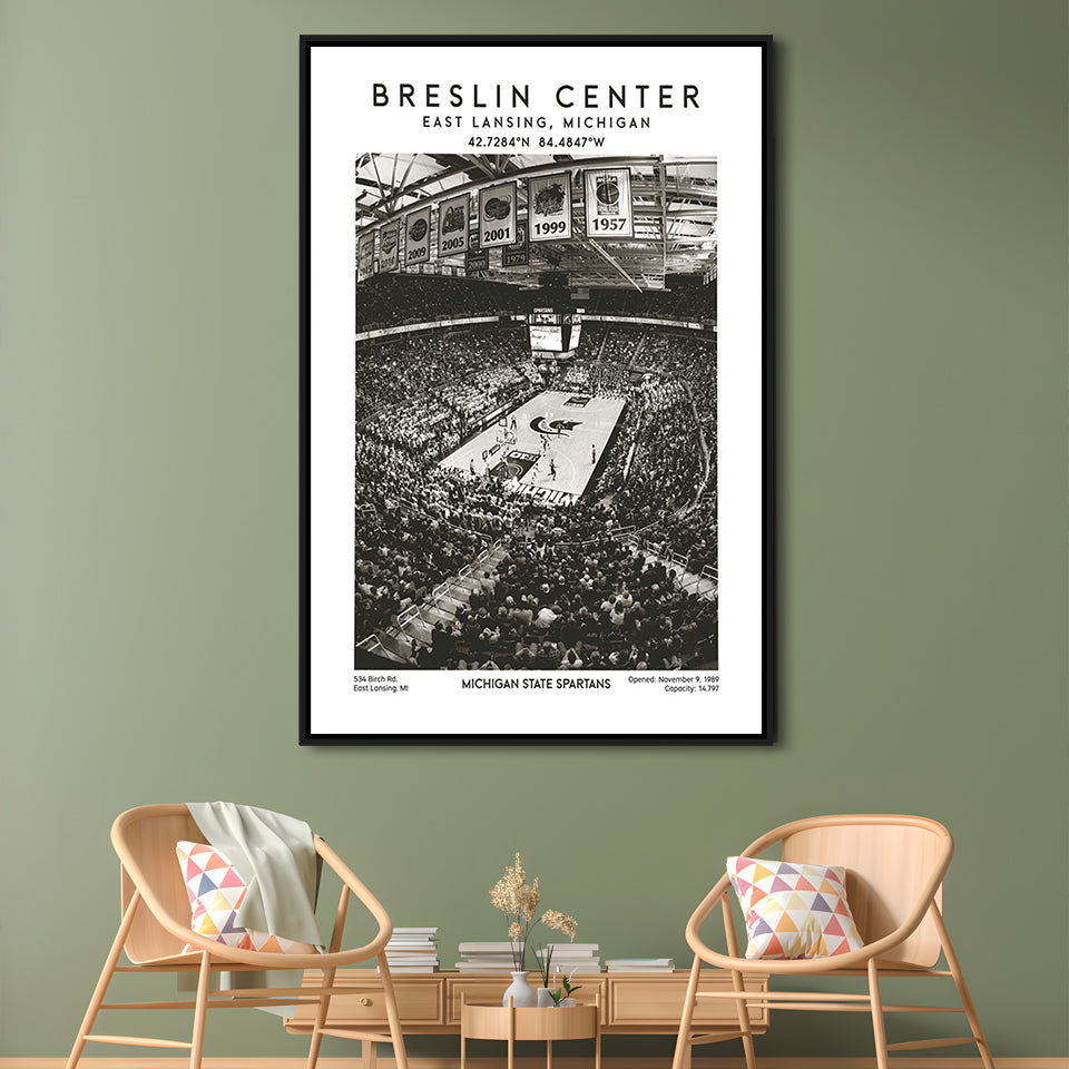 Breslin Center Stadium Black And White, Michigan Basketball Arena Wall Art Print, Framed Canvas Prints Wall Art