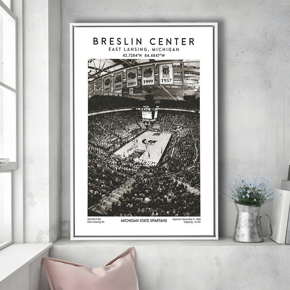 Breslin Center Stadium Black And White, Michigan Basketball Arena Wall Art Print, Framed Canvas Prints Wall Art