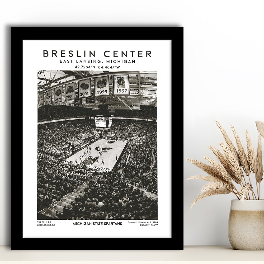 Breslin Center Stadium Black And White, Michigan Basketball Arena Wall Art Print, Framed Art Prints Wall Decor