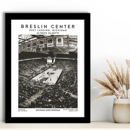 Breslin Center Stadium Black And White, Michigan Basketball Arena Wall Art Print, Framed Art Prints Wall Decor