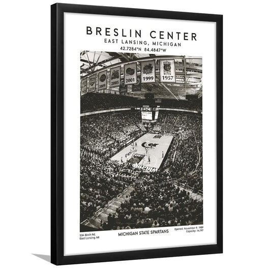 Breslin Center Stadium Black And White, Michigan Basketball Arena Wall Art Print, Framed Art Prints Wall Decor