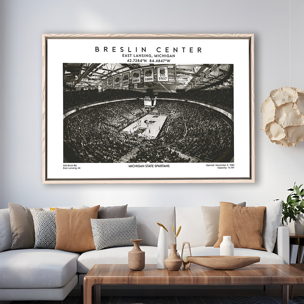 Breslin Center Stadium Black And White, Michigan Basketball Arena Print, Gift For Fans, Framed Canvas Print Wall Art