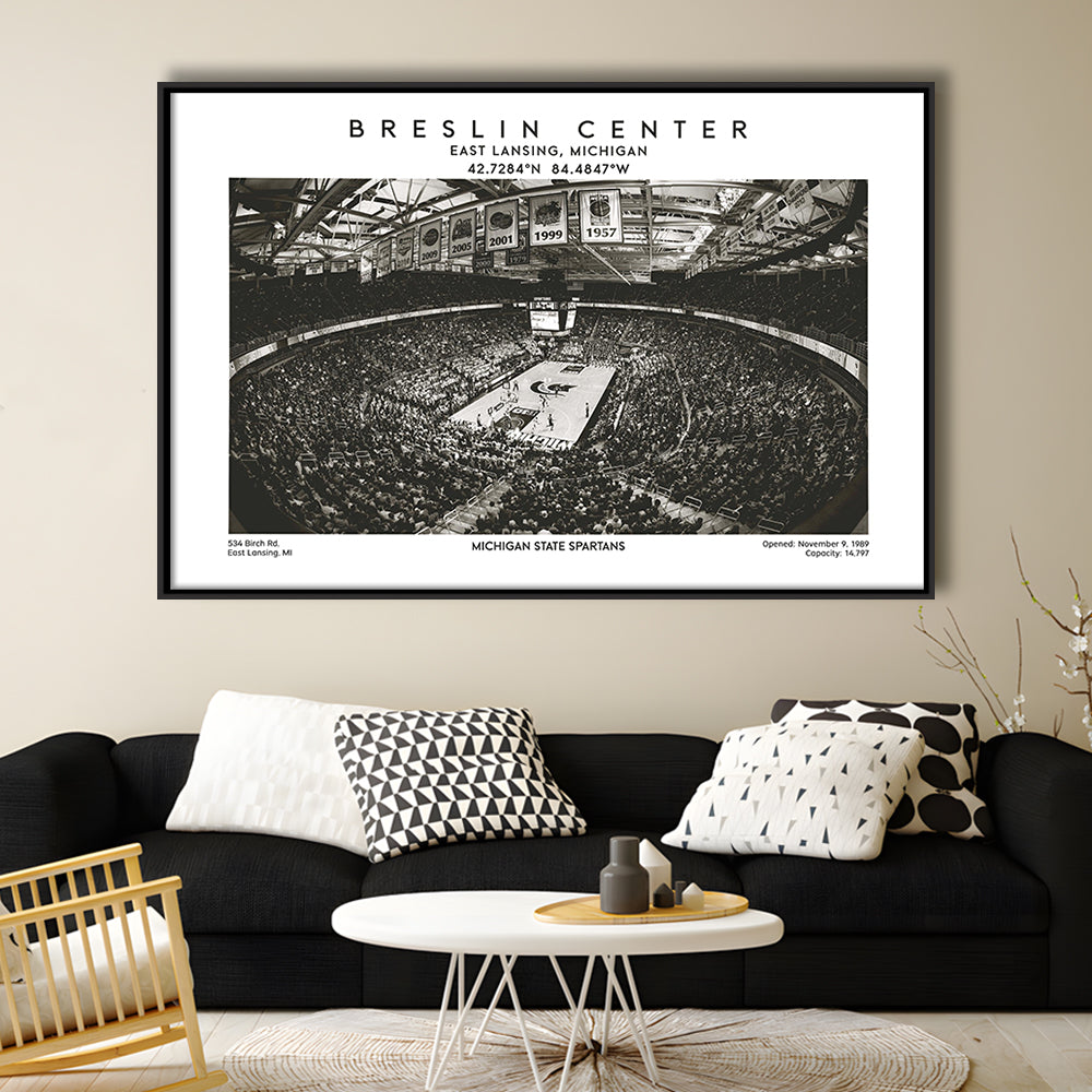Breslin Center Stadium Black And White, Michigan Basketball Arena Print, Gift For Fans, Framed Canvas Print Wall Art