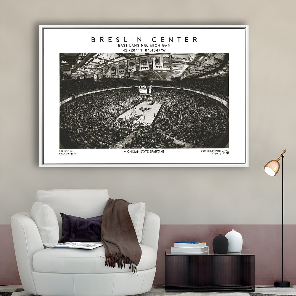 Breslin Center Stadium Black And White, Michigan Basketball Arena Print, Gift For Fans, Framed Canvas Print Wall Art