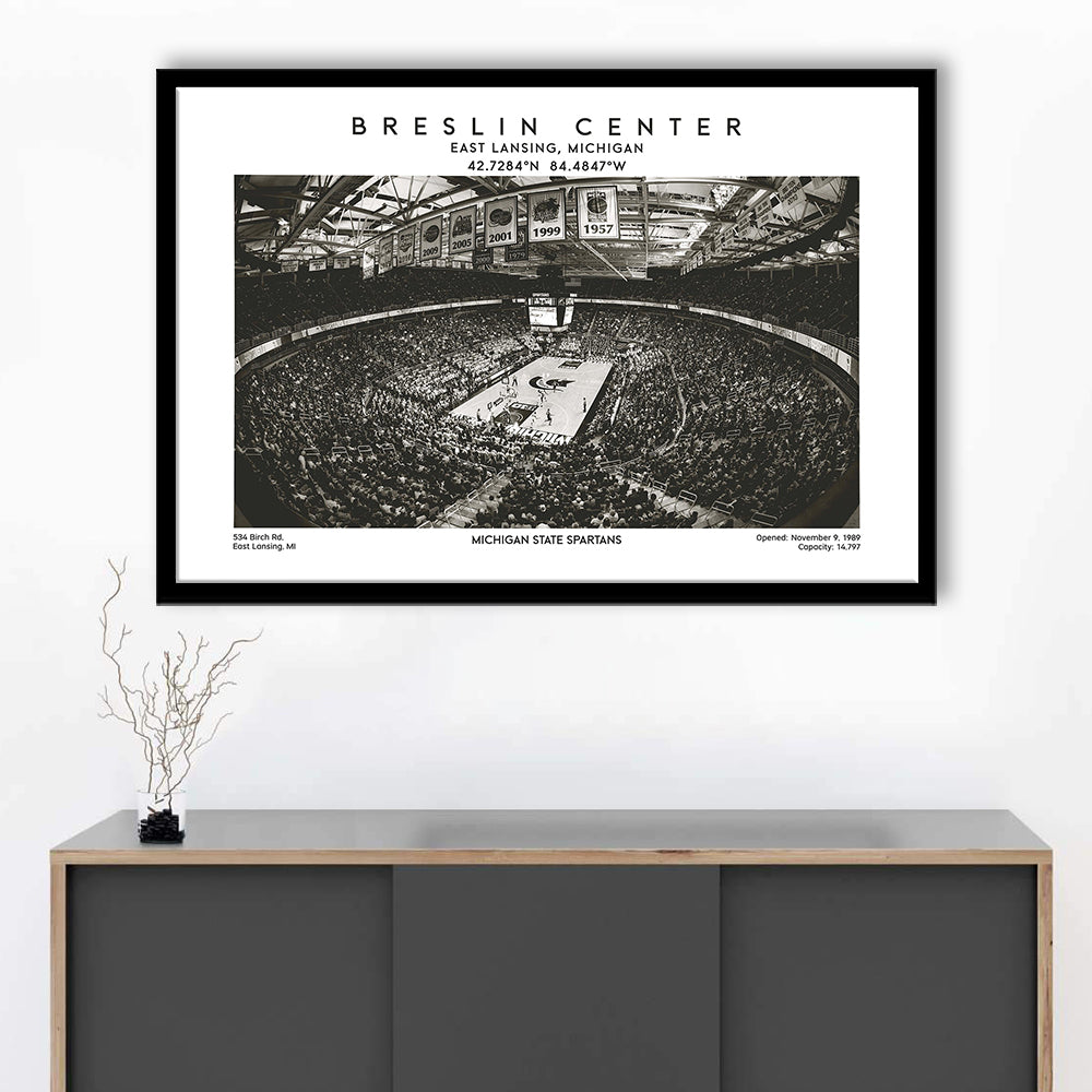 Breslin Center Stadium Black And White, Michigan Basketball Arena Print, Gift For Fans, Framed Art Print Wall Decor