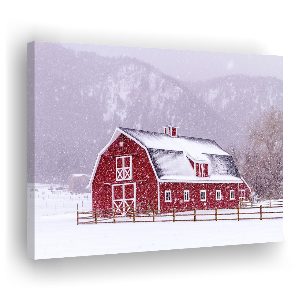 Bright red barn covered with snow surrounded with wooden fence on snowy winter day, Cavas Print Wall Art Hom Decor