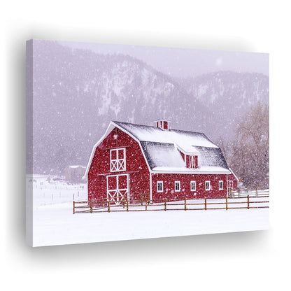 Bright red barn covered with snow surrounded with wooden fence on snowy winter day, Cavas Print Wall Art Hom Decor