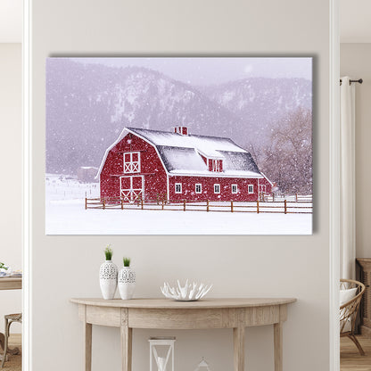 Bright red barn covered with snow surrounded with wooden fence on snowy winter day, Cavas Print Wall Art Hom Decor