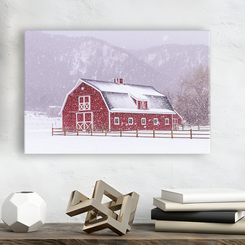 Bright red barn covered with snow surrounded with wooden fence on snowy winter day, Cavas Print Wall Art Hom Decor