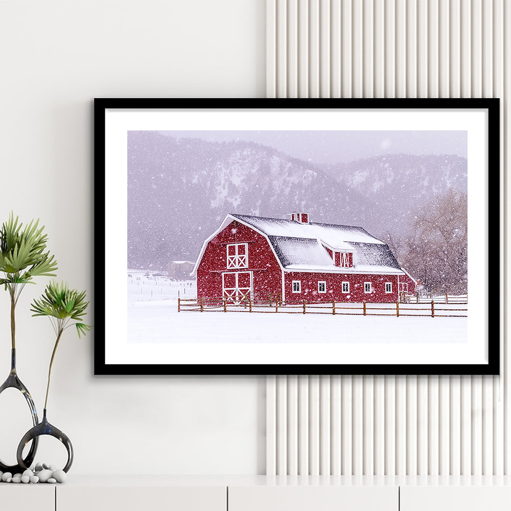 Bright Red Barn Covered With Snow Surrounded With Wooden Fence On Snowy Winter Day, Framed Art Print White Border