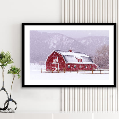 Bright Red Barn Covered With Snow Surrounded With Wooden Fence On Snowy Winter Day, Framed Art Print White Border