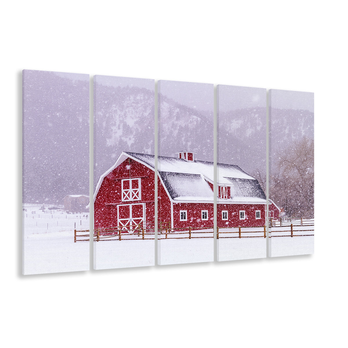 Bright red barn covered with snow surrounded with wooden fence, 5 Piece B Extra Large Cavas Print Wall Art Decor